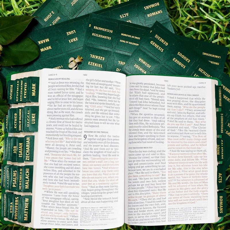 Erilano Bible Tabs for Women and Men - Leather Paper Green Bible Index Tabs - Large Gold Foil Laminated, 66 Tabs for OT & NT, 14 Blank Tabs, Bible Journaling Supplies, Easy to Read & Navigate ﻿ - Image 5